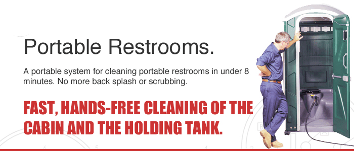 Gamajet portable restroom cleaning system with 360-degree rotary jet head for hands-free cleaning of portable toilets