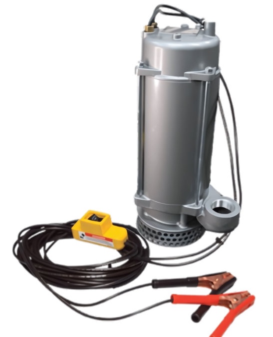 Versamatic PortaPump 1 ½ inch submersible dewatering pump powered by 12V battery with 30 foot cable